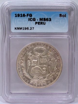 1916 - Fg Peru Silver 1 Un Sol Soles - Icg Certified Ms63 Km 196.  27 photo