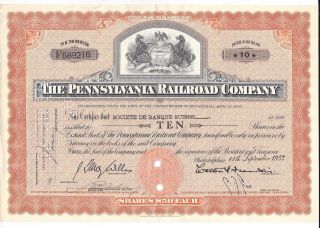 Pennsylvania Railroad Company Stock Certificate 10 Shares Sept 11,  1953 photo