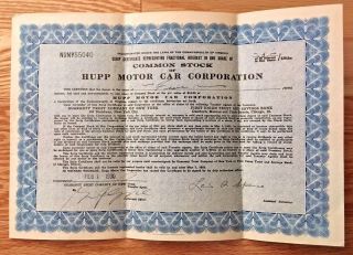 Depression Era 1930 Hupp Motor Car Corporation Common Stock Scrip Certificate photo