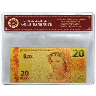 Brazil 20 Reals Banknote Colored 24k Gold World Bill Uncirculated In Sleeve photo