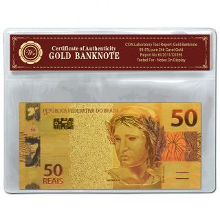 Brazil Banknote 50 Reais Colored 24k 999 Gold Foil Bank Note Collectible /w photo