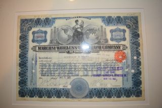 Marconi Wireless Telegraph Company Of America Stock Certificate 1912 Framed photo