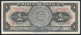 México American Bank Note Aztec Calendar $1 Peso Vf Serie Gx T049363 K 59c photo