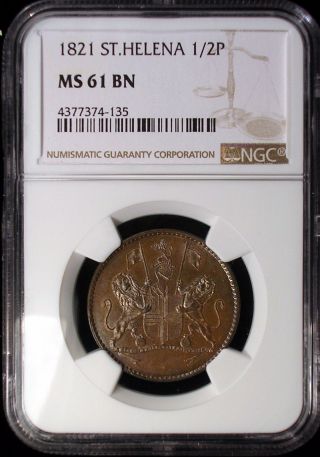 Saint Helena & Ascension Island 1821 1/2 Penny Ngc Ms - 61 Very Scarce In Unc photo