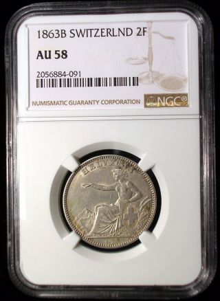 Switzerland 1863 2 Francs Ngc Au - 58 Rare Low Mintage Key Date Low Minimum photo