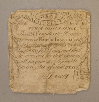 1778 Massachusetts 4s Paul Revere Engraved & Printed Codfish Colonial Note Vg photo