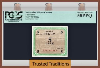 Tt Pk M12a 1943 Italy Allied Military Currency 5 Lire Pcgs 58 Ppq Choice About photo