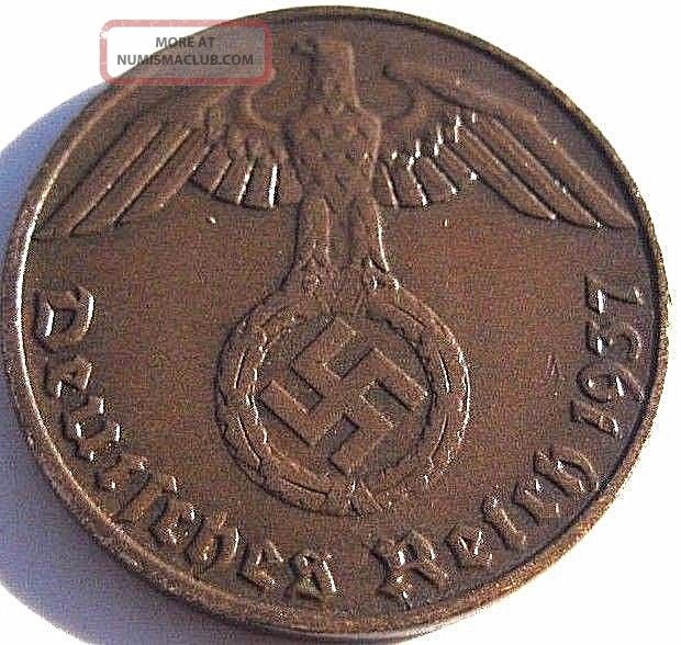 Ww2 German 1937 - E 1 Rp Reichspfennig 3rd Reich Bronze Nazi Coin Germany photo