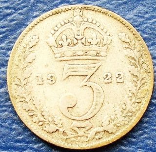 Silver 1922 Great Britain 3 Pence George V Toned Circulated Rb 8 photo