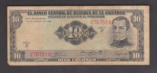 El Salvador Note 10 Colones 1968 Scarce F photo
