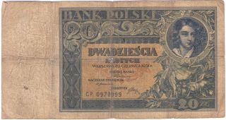 Poland Paper Money Banknote 20 Zlotych Polska 1931 P - 73 Vg photo