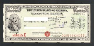 $25 Dollars United States Of America Savings Bond Series E Texas 1971 Washington photo