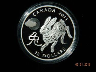 2011 Canada $15 Lunar Year Of The Rabbit Proof Silver Coin W/box & photo