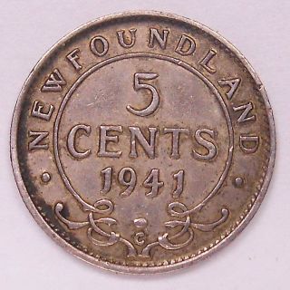 1941c Newfoundland Five Cents F Wwii Era King George Vi Nfld.  Silver photo