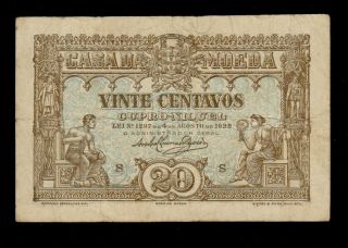Portugal 20 Centavos 1922 Casa Da Moeda Pick 100 F - Vf Banknote. photo