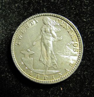 1918 S Philippine 20 Centavo Silver Coin photo