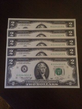 5 Consecutive Low Serial Numbers 1976 $2 Bill Note K Crisp Ex photo