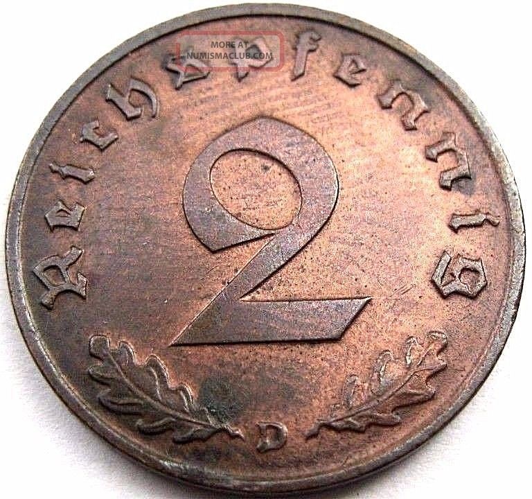 Ww2 German 1938 D 2 Rp Reichspfennig 3rd Reich Bronze Nazi Coin (rl 071)