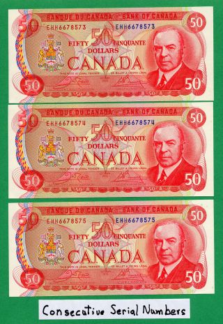3 Of 1975 Canada Fifty Dollar Bill Canadian 50 Dollars Note Unc Cunc Gunc photo