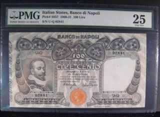 1908 - 21 Italy Banco Di Napoli 100 Lire Note Pmg 25 Vf U.  S. photo