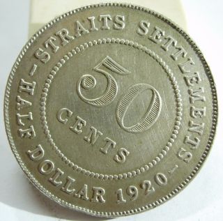 1920 Straits Settlement 50 Cents Silver Coin photo