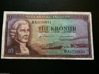 Iceland Old Banknote 10 Kronur L.  1961 photo