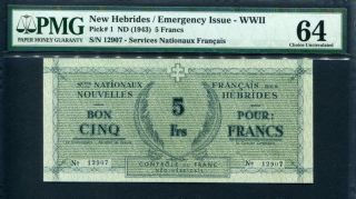Hebrides 1943,  Emergency Issue - Wwii 5 Francs,  P1,  Pmg 64 Unc photo