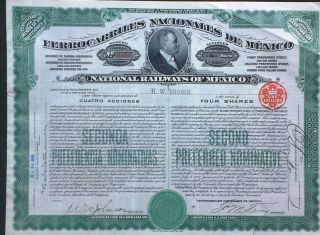 Mexico Mexican 1909 Ferrocarriles Nacionales Railways 4 Shares Unc Loan Bond photo