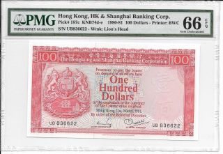 Hong Kong Bank - $100,  1981.  Serial Number: 836622.  Pmg 66epq.  Scarce Date. photo