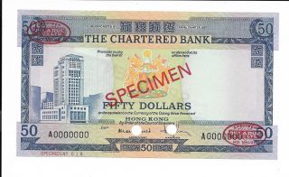 Hong Kong,  The Chartered Bank - $50,  Nd (1970 - 75).  Prefix A.  Specimen.  Cu.  Rare. photo