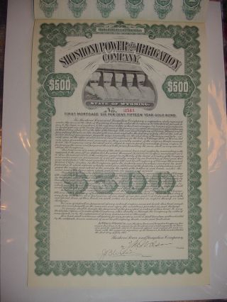 Shoshoni Power & Irrigation Company Bond Stock Certificate Wyoming photo
