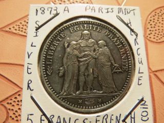 France 5 Francs,  1873,  Denomination Within Wreath (extremely Fine) $39.  99 photo