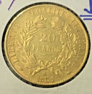 1851 - A France 20 Fr Francs Gold Coin Uncirculated (bu) French Gold Coin photo