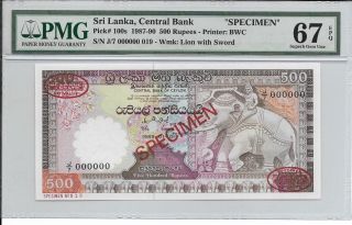 Sri Lanka,  Central Bank - 500 Rupees,  1985.  Specimen.  Pmg 67epq.  Rare. photo