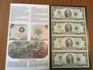 Series 1976 Sheet Of 4 Uncut/uncirculated $2 Dollar Bills photo