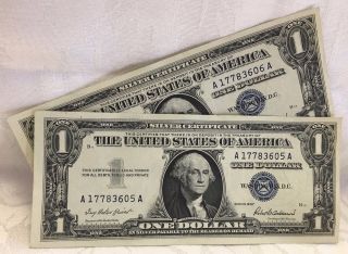 (2) 1957 $1 One Dollar Silver Certificates Blue Seal Note photo