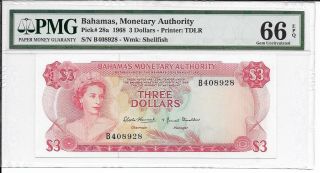 Bahamas,  Monetary Authority - $3,  1968.  Pmg 66epq. photo