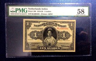 Netherlands Indies 1 Gulden 1919 - 1920 Munbiljet Rare Pmg 58 photo