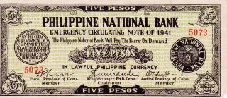 1941 Philippine Emergency Currency (cebu) 5 Pesos Banknote photo