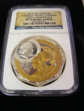 2015 Gilt Niue $2 - 2oz Silver Panama Pacific 100th Anniversary Commemorative Coin photo