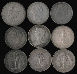 (1804 - 1902) Nine British Silver Crowns,  Trade Dollars & Bank Dollar photo