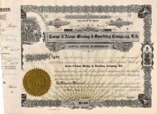 Stock Certificate: Coeur D ' Alene Mining & Smelting Co.  Ltd,  W/ Revenue Stamps photo