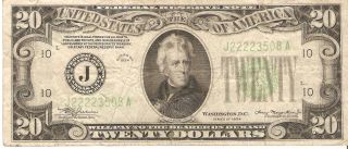 1934 $20 Federal Reserve Note - (j) Bank Of Kansas City S/n Starts With 4 Deuces photo