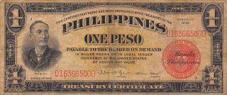 Philippines 1 Peso Series Of 1936 Circulated Banknote Aas12 photo