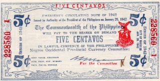 Philippines 1942 Negros Occidental 5 Centavos Banknote S640 Encarnacion Ww2 photo