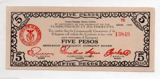Philippines 1944 Mindanao 5 Pesos Emergency Banknote S525c Series T5 Au Type Ii photo