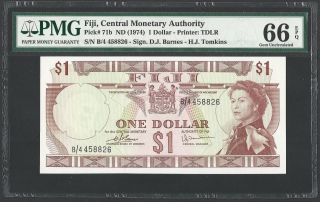 1974 Fiji $1 Dollar Pmg66 Epq Gem Crisp Unc Pick 71b Qeii Large Note photo
