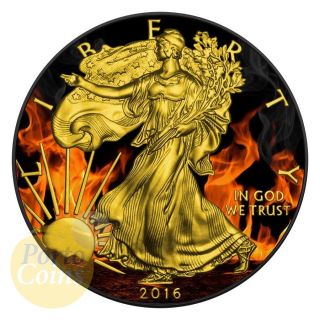 2016 Burning Eagle Us 1$ Silver Eagle 1oz Silver Coin 24kt Gold & Ruthenium photo