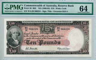 Reserve Bank Commonwealth Of Australia 10 Pounds Nd (1960) Rare Pmg 64 photo