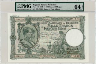 Banque Nationale Belgium 1000 Francs 1939 Large Note Pmg 64epq photo